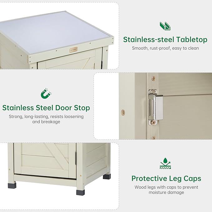 HABAU Outdoor Storage Cabinet, Potting Bench Table with Metal Tabletop & Shelves, Wooden Planting Workstation for Patio Garden, Weatherproof