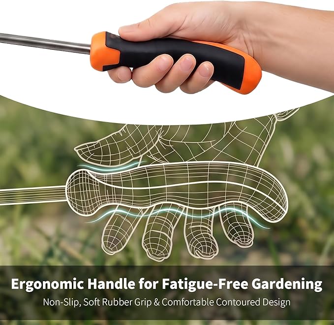 Hand Weeder Tool, Heavy Duty Stainless Steel Garden Weed Puller with 4-Tine & Root Removal Fork, Deep Root Weed Remover for Dandelion, Crabgrass & Thistle, Weeding Tool for Lawn Yard Farm (Orange)