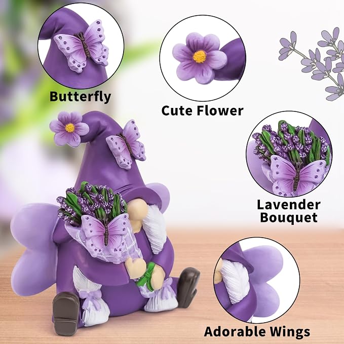 Lavender Gnome Spring Summer Decor, Fairy Garden Gnome with Butterfly & Lavender Bouquet, Purple Gifts for Women Yard Porch Flower Bed Decor