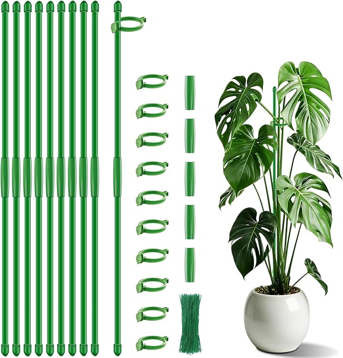 Plant Stakes 17 inch SupKing Support Stick Orchid Stakes with Clips 10Pcs Garden Plant Poles Extended to 3/4/5ft for Indoor Outdoor Potted Tomato Rose Amaryllis Vegetables Monstera -Green