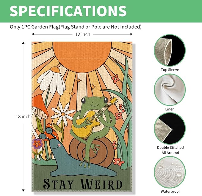 Perfectinsoy Stay Weird Retro Garden Flag, Snail and Frog Outdoor Banner, Funny Welcome Yard Holiday Farmhouse Patio Porch Lawn Outdoor Decor, Cute Frog Playing Guitar Flags, Housewarming Flag Gifts