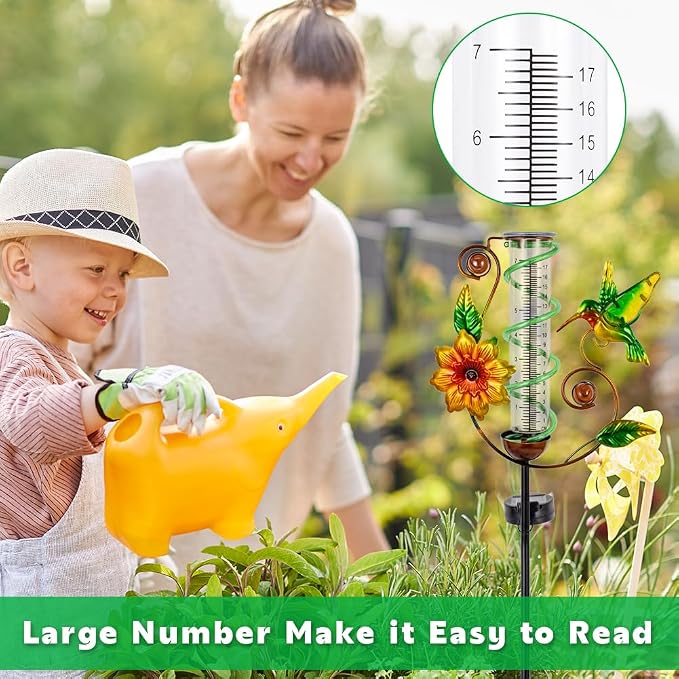 Rain Gauge Outdoor, Solar Rain Gauges for Yard, Hummingbird Freeze Proof Rain Gauge with 7" Plastic Tube, Metal Decorative Water Gauge with Led Light