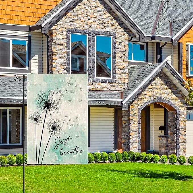 Perfectinsoy Just Breathe Garden Flag, Blue Dandelion Garden Banner, Welcome Yard Home Holiday Farmhouse Porch Patio Lawn Outside Decor, Mental Health Flag Gifts, Positive Home Garden Decor Gifts