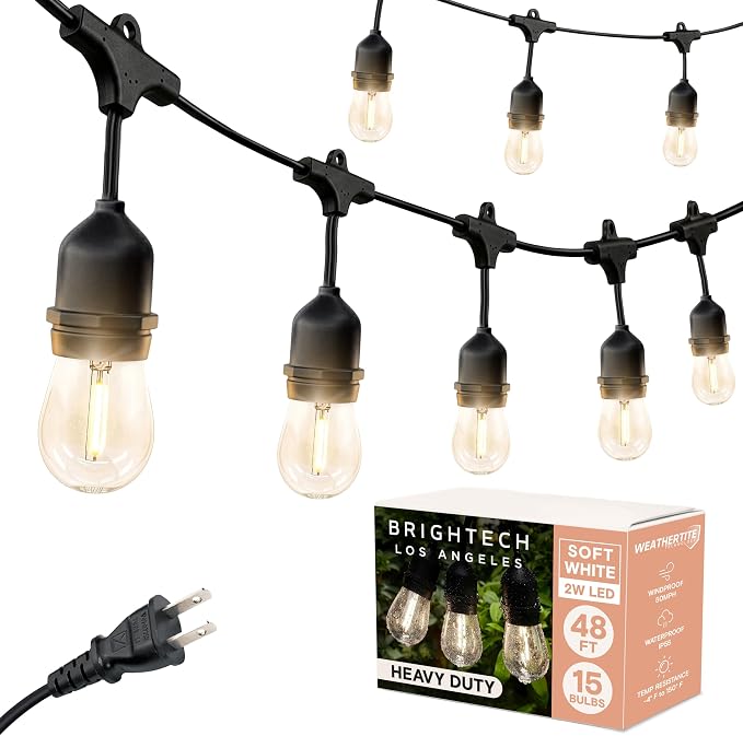 Brightech Ambience Pro - Waterproof LED Outdoor String Lights - Hanging, Dimmable 2W Vintage Edison Bulbs - 48 Ft Commercial Grade Patio Lights Create Cafe Ambience In Your Backyard