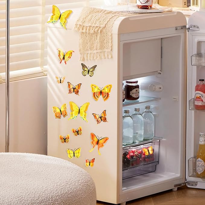 SAOROPEB 3D Butterfly Wall Decor, 72 Pcs Double Layer Butterfly Decorations for Party Decorations Locker Decor Refrigerator Decal, Reusable (Yellow)