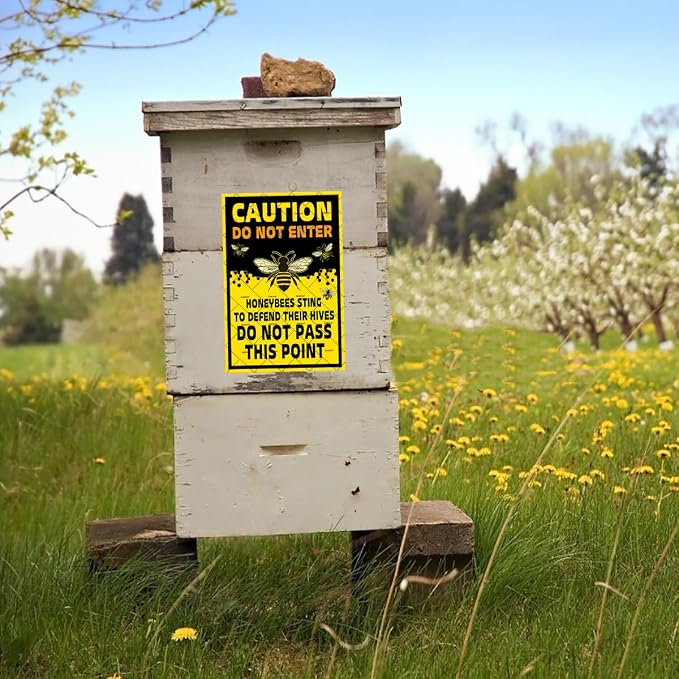 EMOHAT Caution Do Not Enter Honeybees Sting To Defend Hives Metal Tin Sign, Bee Farm Warning Sign for Garden Yard Farm, 8x12 Inch Rustic Man Cave & Farmhouse Decor