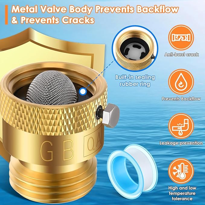Drip Irrigation Faucet Adapter 25 PSI, 1/4" Tubing Quick Connect to 3/4" Garden Hose with Backflow Preventer, Filter, Tape, Pressure Regulator, Copper Drip Irrigation System Fittings (4 Pack)