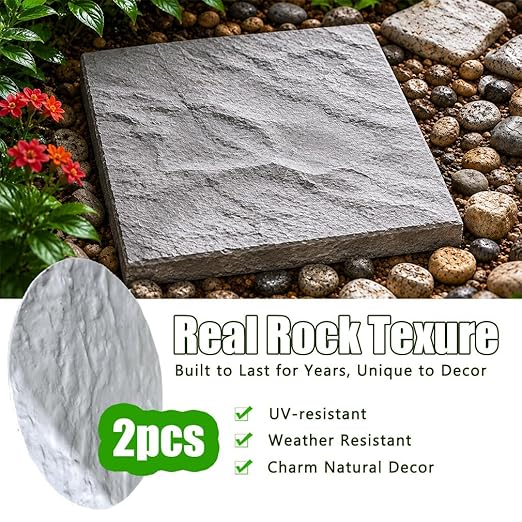 8PCS Stepping Stone & Flagstone Mold Set, Reusable 11.8inch Concrete Paver Molds + 2PCS Flexible Rock Texture Stamps, Garden Outdoor Walkway DIY Paving Craft Stones/Cement Not Included