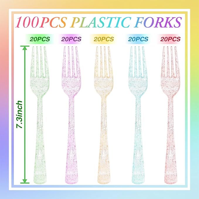 50 Pcs CLear Pastel Plastic Forks, Pastel Plastic Silverware, Heavy Duty Plastic Cutlery Set Disposable Utensils Sets for Brithday, Wedding, Tea Party, Garden Party