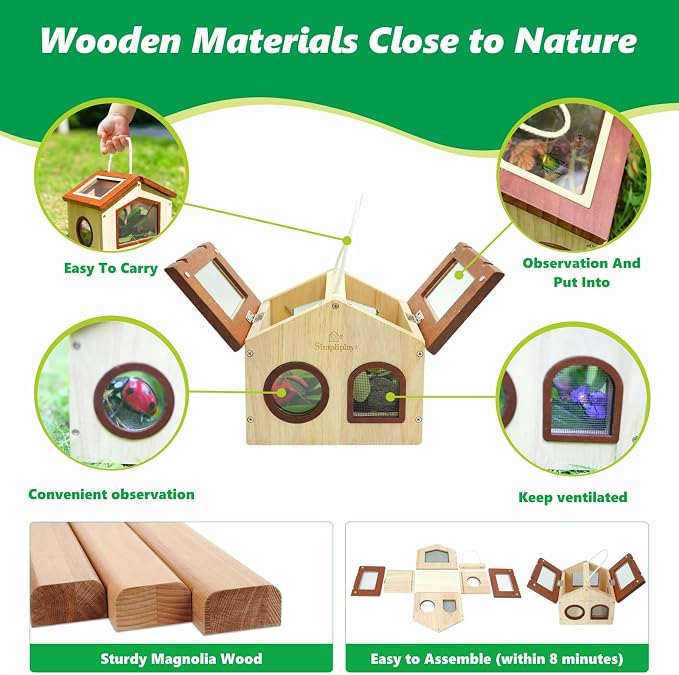 SimpliPlay Kids Bug Catching Kit, 6-in-1 Nature Discovery Kit with Breathable Wooden Critter Habitat House, 15 Insert Cards, Magnifying Glass, Butterfly Net, Summer Outside Toys, Gift for Boys & Girls