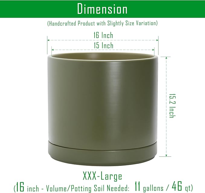 D'vine Dev 16 Inch Ceramic Planter Pot with Drainage Hole and Saucer, Indoor Cylinder Round Planter Pot, Olive, 94-O-H-J