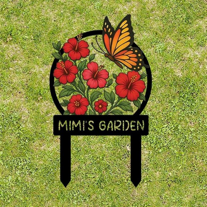 Personalized Metal Yard Sign for Mother's Day, Bird & Flower Design, Gift for Garden Lovers, Metal Sign, Garden Decor (Red flower)