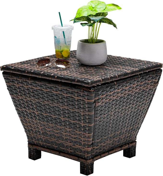 VINGLI Outdoor Side Table with Storage, 13-Gallon Patio Deck Box Outdoor Wicker Side Table for Poolside Balcony Storage Table (Brown, Trapezoid)
