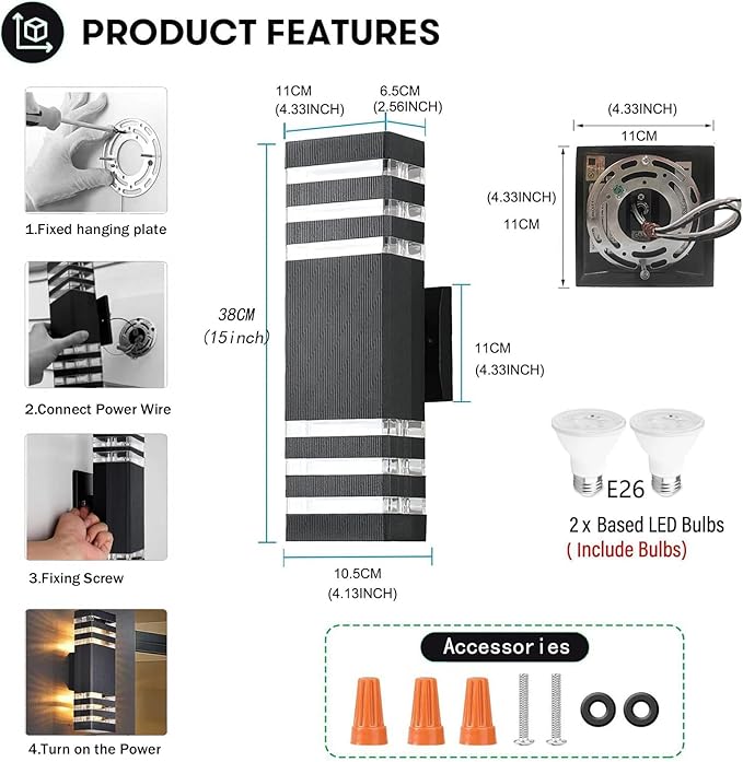 2Pack 15inch LED Square Up & Down Wall Lights,14W Outdoor Wall Light 4000K Day White Aluminum Body Waterproof IP65 LED Exterior Light Fixtures Wall Mount for House Patio Garage Garden.