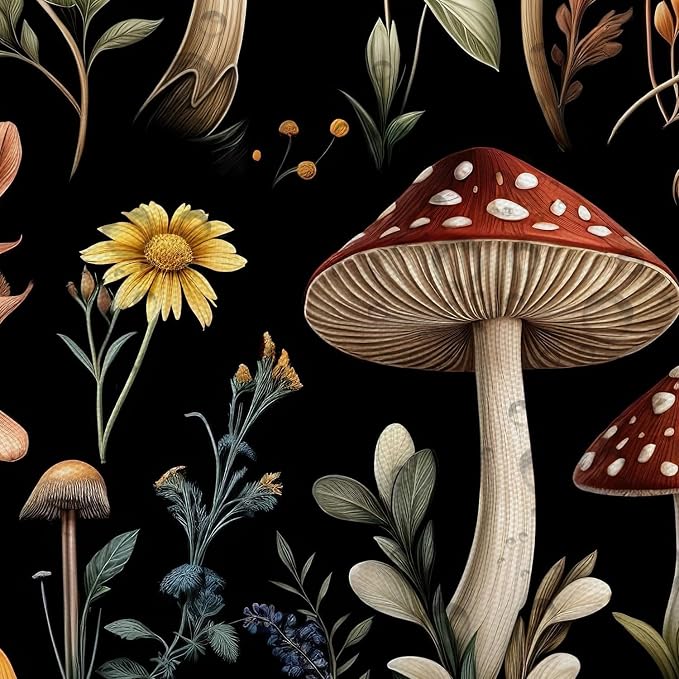Vintage Mushroom Shower Curtain, Witchy Aesthetic Black Boho Floral Retro Botanical Shower Curtain Set, Fairy Dark Wildflower Plant Decorative Farmhouse Bathroom Accessories Curtain with Hook 72X78IN
