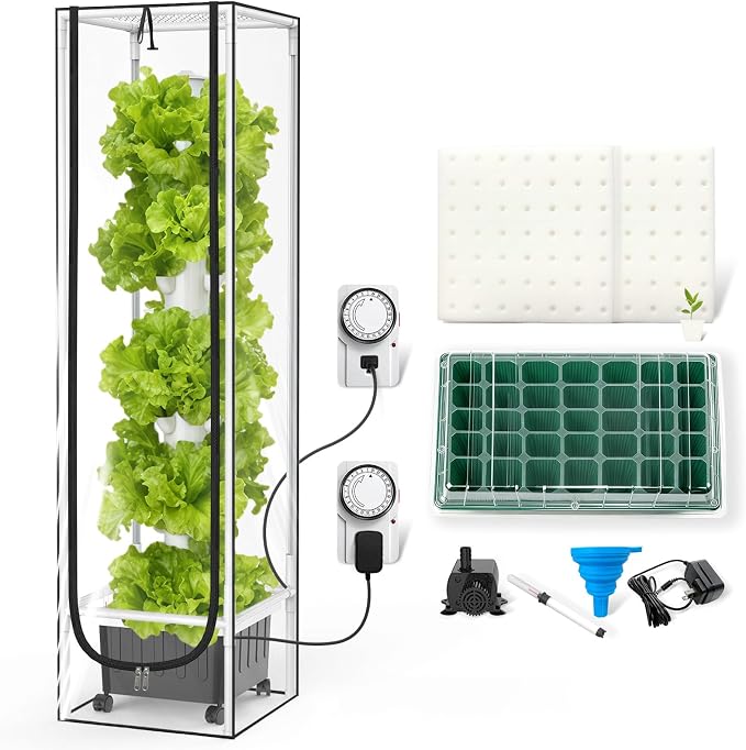 JESLED Hydroponic Tower with 5000K Full-Spectrum Grow Lights, 45 Pods Vertical 15 Tiers Hydroponic Tower, Auto Watering & Lighting for Indoor Herbs, Fruits and Vegetables, High 66.2"
