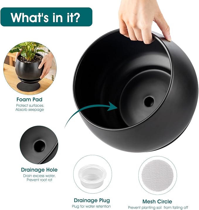 vancasso 3-Pack Ceramic Plant Pots, 7.3/9.6/11.6 Inch Indoor Planters with Saucers & Drainage Hole Planter pots for Indoor Plants and Flower, Black