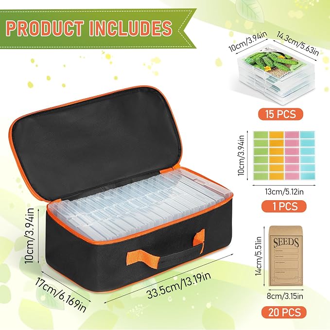 15 Slots Seed Storage Box with 20 Seed Envelopes, Large Capacity Seeds Organizer Container with Zipper Bag Label Stickers, Seeds Saving Container for Garden Vegetable and Flower (Orange)