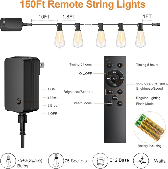 150FT Outdoor String Lights with Remote, Garden Patio Decor with 2500K Warm White, 75+3 LED Edison Bulbs, Support Timer Dimmable Waterproof Shatterproof for Yard Outside Porch Deck Backyard (24v)