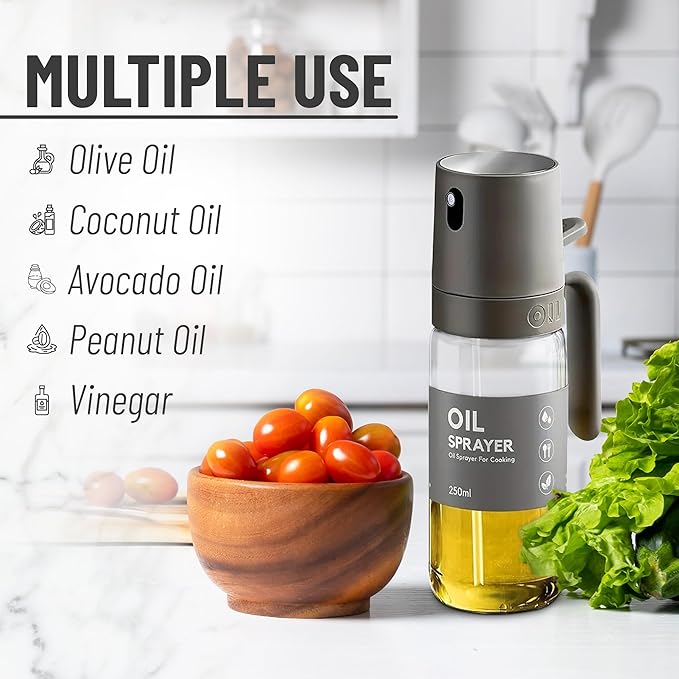 Oil Sprayer Kitchen Gadget for Cooking High Borosilicate Glass Oil Sprayer Mister, 250ml Olive Oil Spray Bottle for AirFryer, Salad, BBQ, Kitchen Baking, Roasting, Dark Gray