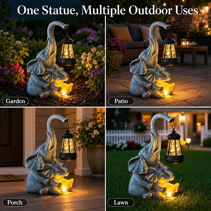 Candieslife Solar Elephant Garden Statue with Lantern, Outdoor Resin Elephant Figurine Lights for Yard Patio Porch Lawn, Weather-Resistant Garden Decor Sculpture, Gifts for Mom Women Grandma