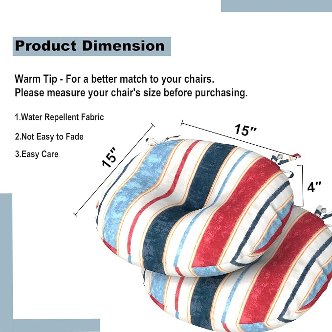 DYTXIII Set of 2 Outdoor Round Chair Cushions 15"x15"x4" with Ties, Water Repellent Tufted Bistro Seat Cushions, Thick Patio Chair Pads for Bar Stool, Garden & Dining Furniture - Stripe Red Blue