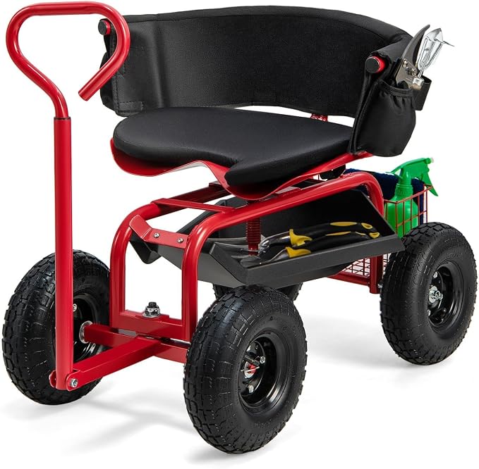 Byroce Rolling Garden Cart with Seat, Heavy Duty Wheelbarrow Utility Cart with Metal Frame, Swivel Seat, Tool Tray, Storage Basket & Adjustable Handle, Outdoor Garden Wagon Scooter for Yard (Red)