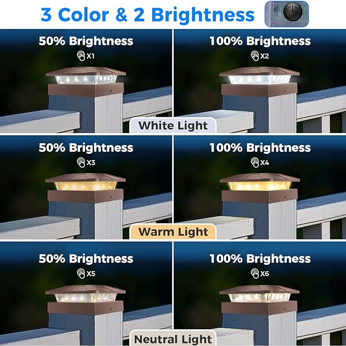 Peasur 4x4 Solar Post Cap Lights Outdoor with 3 Lighting Modes, 4 Packs Brown Fence Caps Light Fits 4×4/3.5×3.5 Wood/Vinyl Posts, Waterproof Post Top Lighting for Deck Mailbox Porch Railing