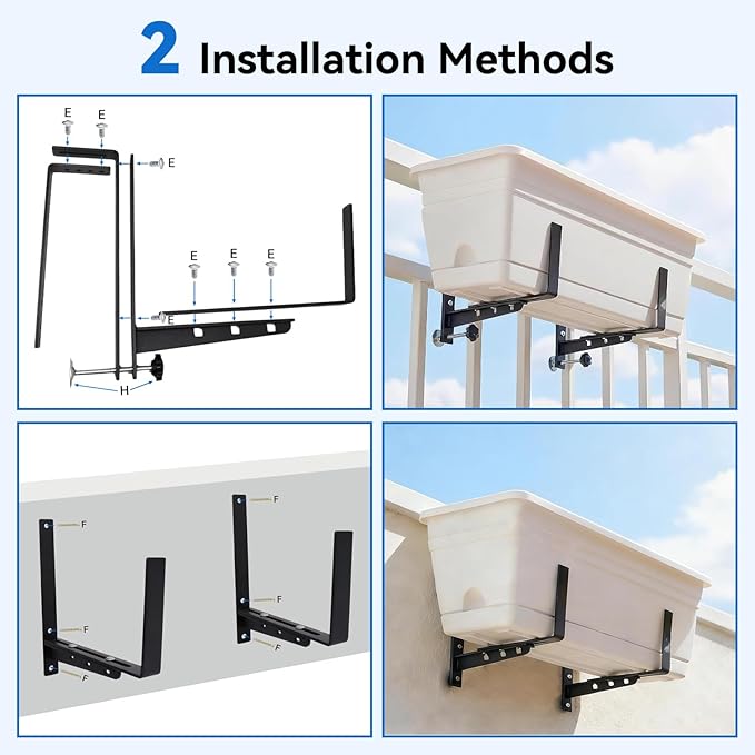 Halatool Railing Planter Box Brackets Outdoor, 4 Pack Adjustable Flower Planter Window Box Brackets, Heavy Duty No Drill Window Box Brackets with 66 lb Capacity for Railings Balcony Porch Fence