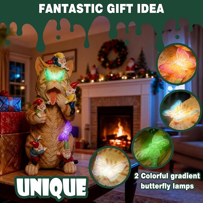 Funny Garden Gnomes Decorations for Yard Statue with Solar Lights Outdoor Cat Sculpture Decor