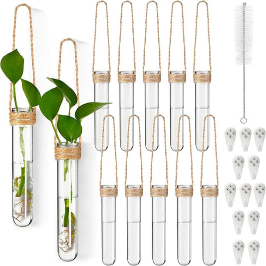 Baderke 12 Pack Plastic Hanging Propagation Tubes Propagation Station Vases Wall Hanging Plant Vase for Planters Hydroponic Office Garden Flowers Decor Lover Gift (Natural Color)