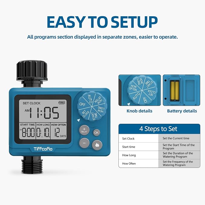 TiFFCOFiO Sprinkler Timer Outdoor, Digital Programmable for Garden Hose, Irrigrtion Timer with Rain Delay and Manual Mode (1 Pack)