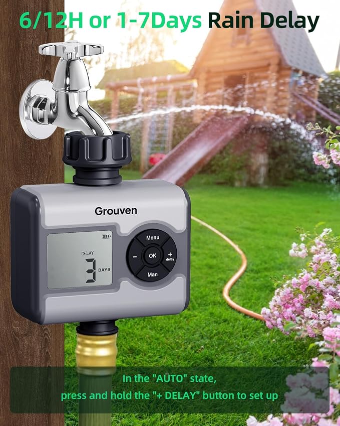 LCD Digital Water Timer with Brass Inlet Sprinkler Timer 3 Independent Programs Ball Valve No Water Pressure Required with Rain Sensor Port & Delay Function for Garden Lawn Irrigation