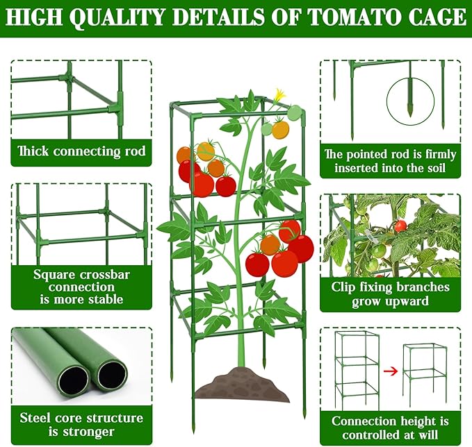 ZeeDix 6 Pack Heavy Duty Tomato Cages for Garden 60 Inches, Square Adjustable Tomato Trellis Cage Climbing Plant Support Trellis Plant Cages for Climbing Vegetables Flowers with 40Pcs Clips