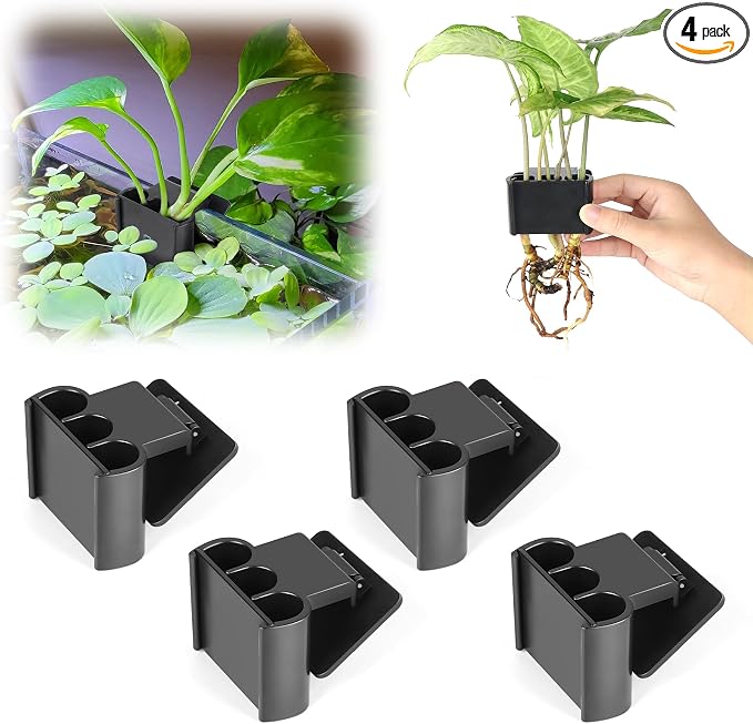 4 Pk Upgraded Aquarium Plant Holder, 3-Hole Hanging Aquarium Plant Holder with Clip, Suitable for Fish Tank Plant Potting, Aquarium Decoration, Plant Holder for Fish Tank, Black