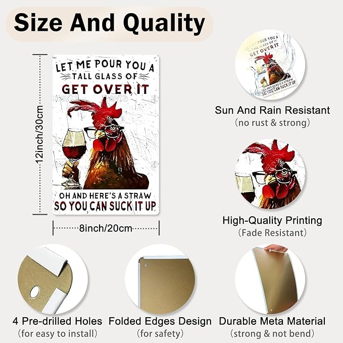 KBKBART Funny Chicken Gifts Chicken Let Me Pour You A Tall Glass of Get Over It Metal Tin Sign for Home Farm Chicken Coop Farmhouse Kicthen Garden Decor 8 X 12 Inch