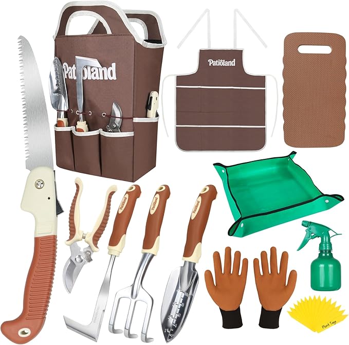Brown Garden Tool Sets, Gardening Hand Tools Kit with Non-Slip Ergonomic Handle, Storage Tote Bag, Gardening Gloves, Apron, Repotting Mat & Spray Bottle, Gardening Gift for Women Men
