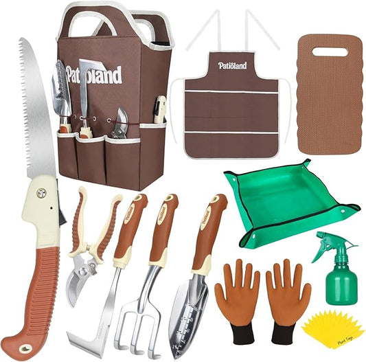 Brown Garden Tool Sets, Gardening Hand Tools Kit with Non-Slip Ergonomic Handle, Storage Tote Bag, Gardening Gloves, Apron, Repotting Mat & Spray Bottle, Gardening Gift for Women Men