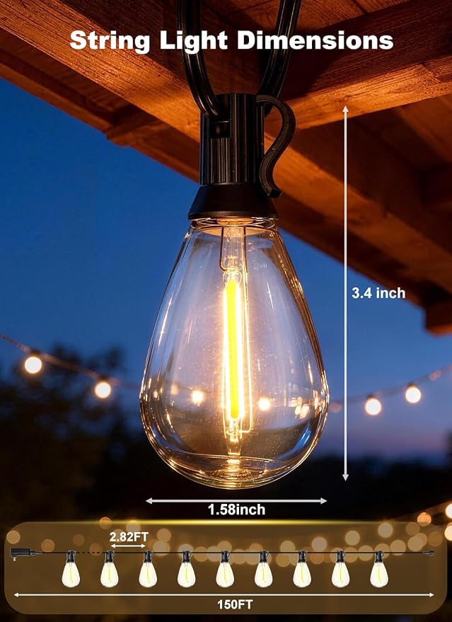 150FT Outdoor String Lights Waterproof, 50+2 Shatterproof S11 LED Bulbs, Extra Long Patio Lights for Outside, Bistro Cafe Decor, Backyard Garden Hanging Lights, Outside Fence Light String