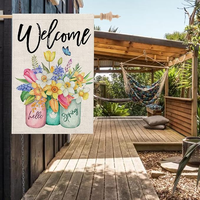 CROWNED BEAUTY Garden House Flag Floral Mason Jar Double Sided (Multi-Spring, 28"X40")