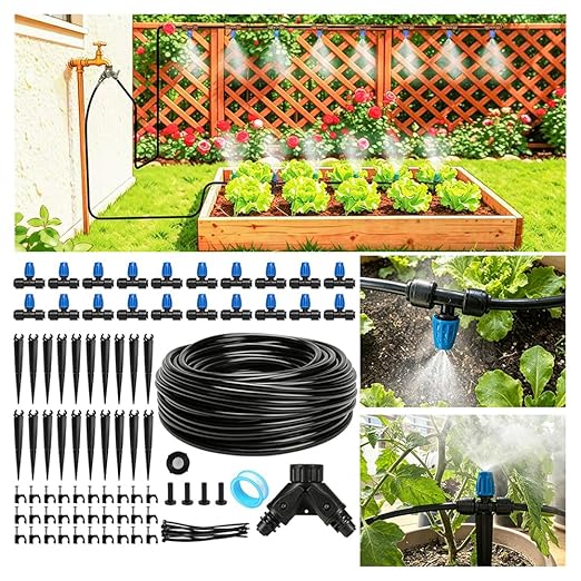 Riboud 110FT Drip Irrigation Kit, Quick-Connect Garden Watering System with 20 Adjustable Misting Nozzles for Garden Greenhouse, Hanging Plants, Raised Beds