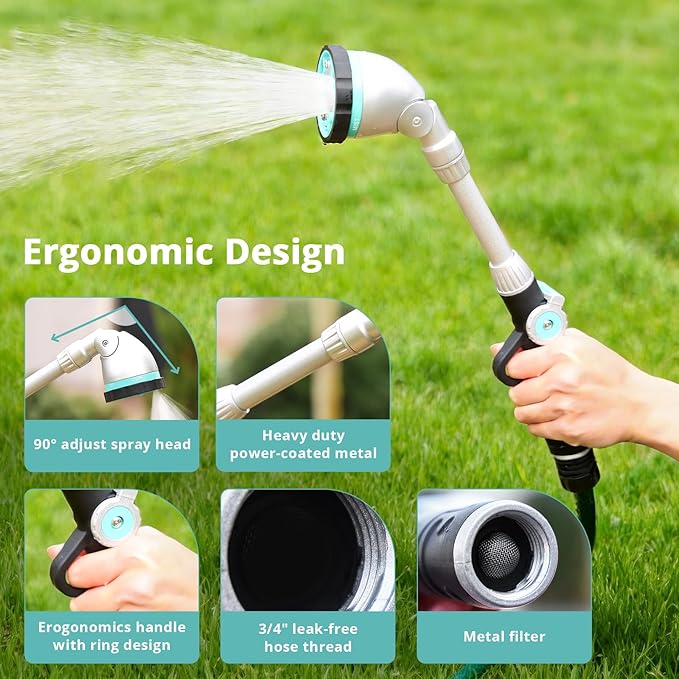 QUOBAS 16" Watering Wand, Heavy Duty Garden Hose Wand with 90°Adjustable Head, Thumb Control & 6 Spray Patterns, Long Reach Hose Nozzle for Hanging Bakets and Shrubs