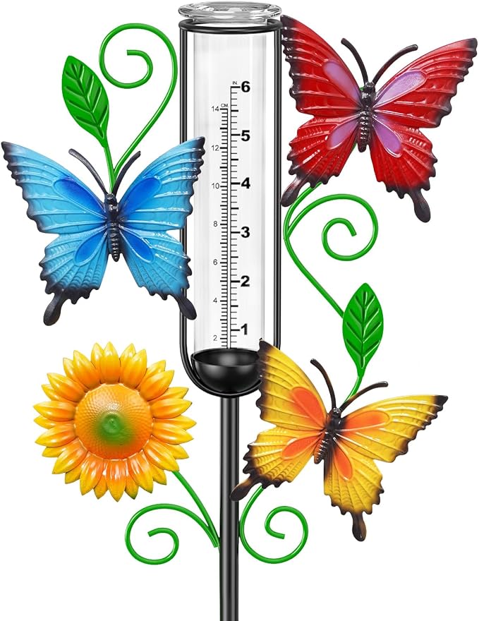 35.4" Butterfly Rain Gauge Outdoor, Metal Rain Gauges Stake with 6“ Glass Tube, Decorative Rain Gauges for Yard Garden Lawn for Precipitation Measurement
