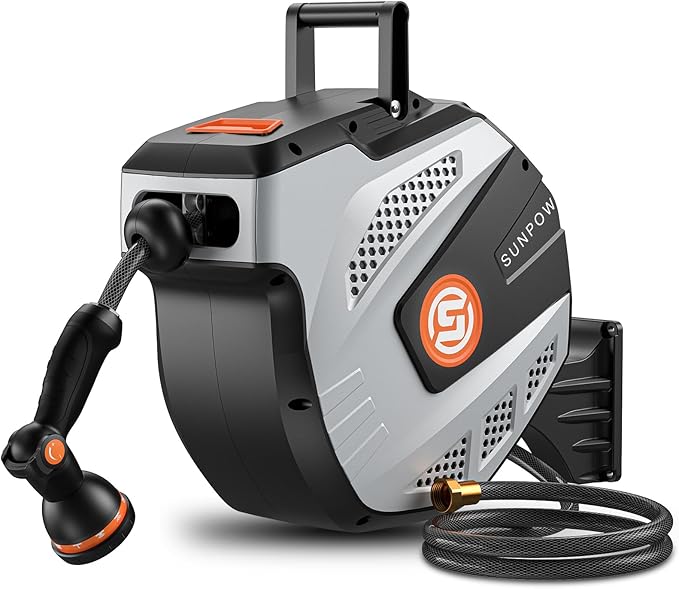 SUNPOW Retractable Garden Hose Reel - 1/2 inch x 115ft Heavy Duty Wall Mounted Hose Reel with 3/4 inch Brass Fitting & 10 Sprayer Nozzle - Any Length Lock, Auto Rewind System, 180°Swivel Bracket- Grey