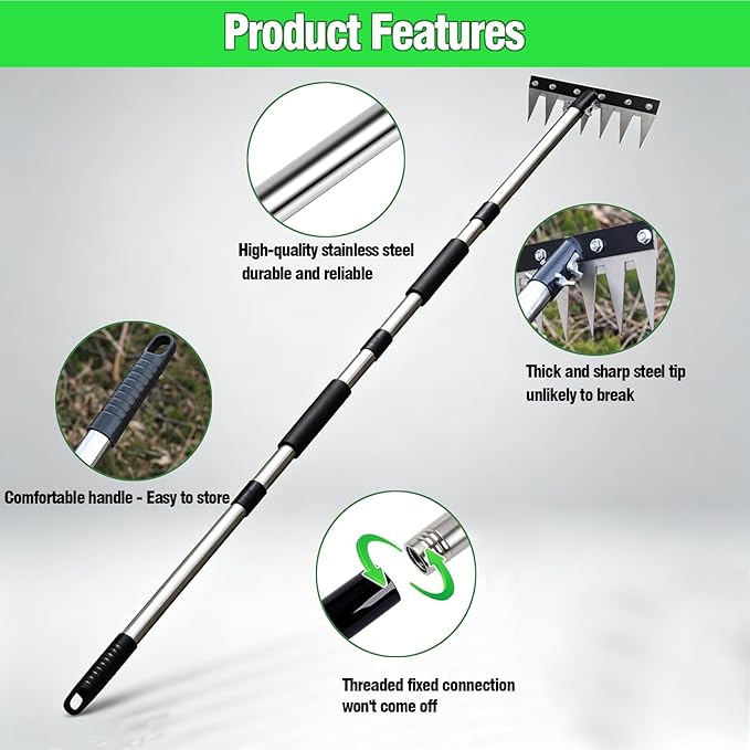Iron Rake for Weeding, Garden Metal Rake Heavy Duty with 60 Inch Long Handle, Garden Weeding Rake Tools, 8 Tines Gardening Weed Rake Tool, Weeder Tool Weed Puller for Backyard Farm Planting Weeding