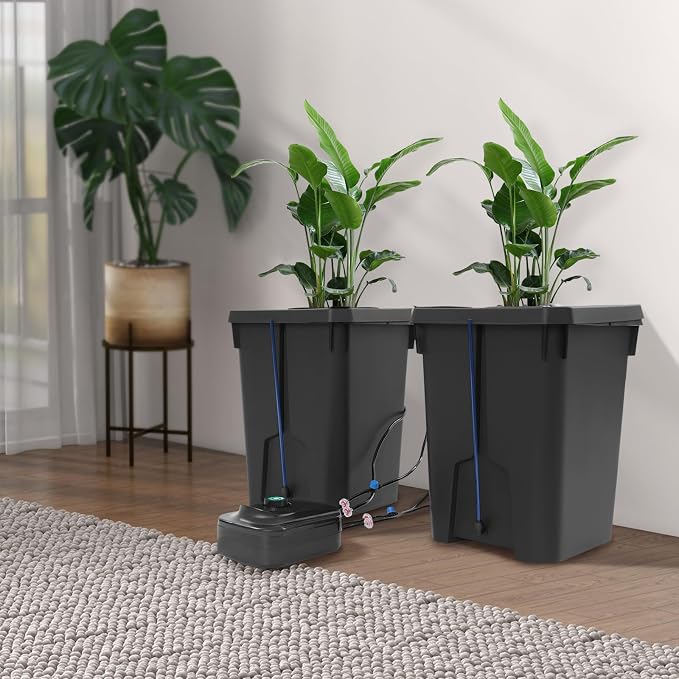 DWC Hydroponics Grow System 7.13 Gal Deep Water Culture Kit Auto Irrigation Sets w/8W 110V Air Pump, Two 12inch Bucket, Flippable Inspection Cover & Check Valve for Urban Farmer (2 Buckets+7.13 Gal)