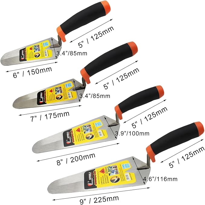 4-Pack Gauging Trowel Set, 6" & 7" & 8" & 9" Gauging Trowel Set Pointing Trowel Set with Soft Grip,Masonry Hand Tool for Brickwork, Blockwork, Stonework, Masonry ﻿ (Rounded End)