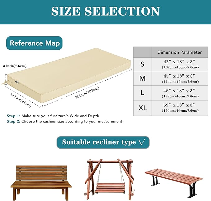 Outdoor Bench Cushions 42 x 18 Inch Thick Waterproof Porch Swing Cushions with Tie Patio Furniture Chair Cushion Bench Pad Color Fastness Backyard Seat Pads Beige