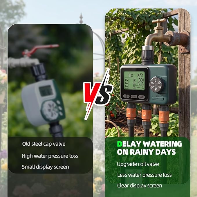 3 Zone Sprinkler Timer,3 Custom Watering Plans Hose Time, IP65 Waterproof, Rain Delay Manual & Automatic Watering with Large LCD for Yard Lawn Outdoor