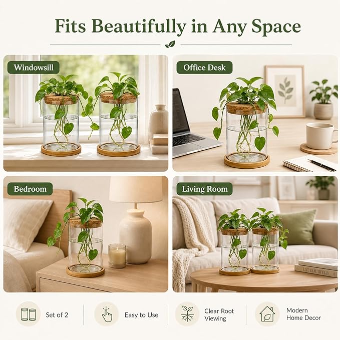 Glass Plant Propagation Stations, 2PCS Hydroponic Vases with Wooden Lid and Bamboo Stand for Plant Growing, Home & Office Decor